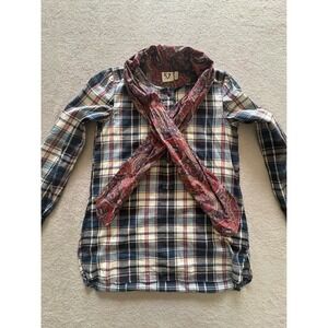 52 Plaid Tunic Top 100% Cotton with Attached Paisley Scarf Blue Red Small